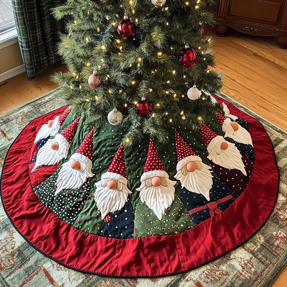 Red Wedge Panel Tree Skirt Featuring Cheerful Gnomes — Made-To-Order Christmas Skirt For Vibrant Holiday Decorating And Gift Giving
