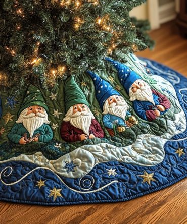 Starry Blue Fan Tree Skirt With Festive Gnomes — Personalized Made-To-Order Christmas Skirt For Nautical, Vintage, Or Cottage Themes