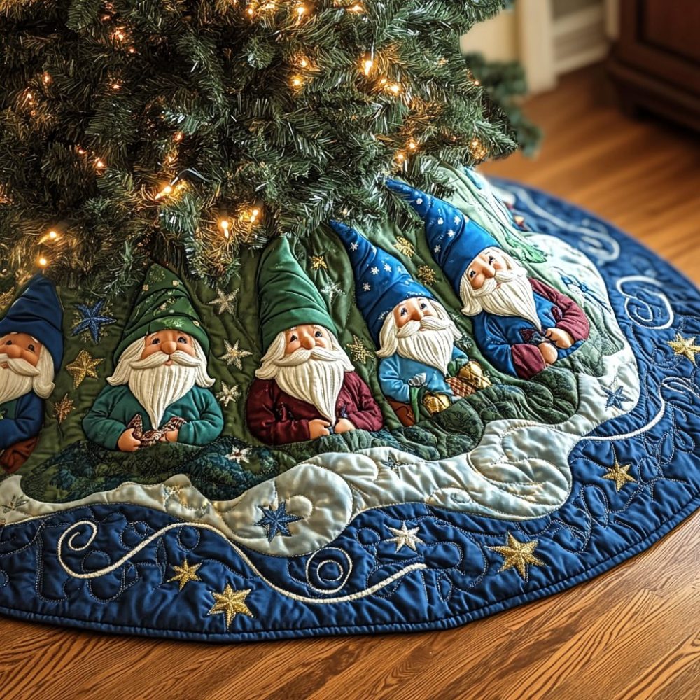 Starry Blue Fan Tree Skirt With Festive Gnomes — Personalized Made-To-Order Christmas Skirt For Nautical, Vintage, Or Cottage Themes