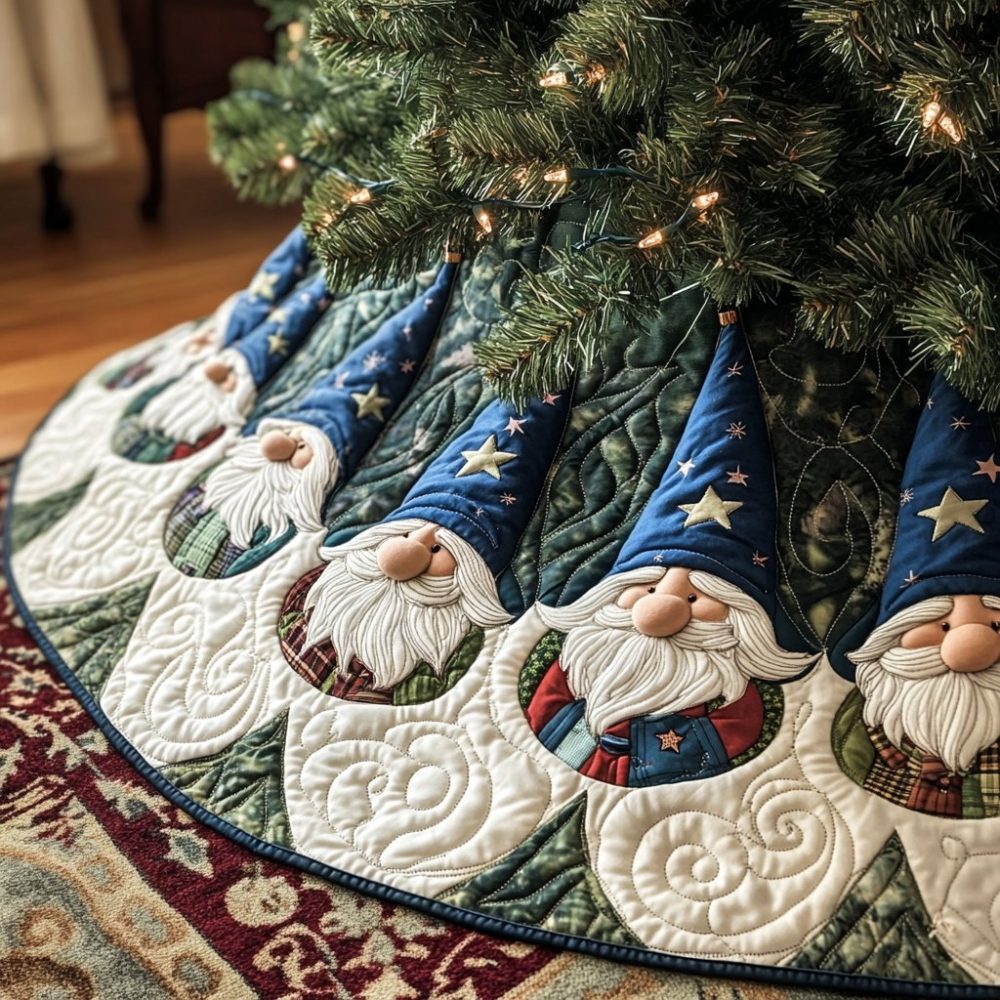 Holiday Gnome Merriment Tree Skirt — Cheerful Gnome Illustration With Plush Trim, Customizable Size & Monogram, Perfect For Family Christmas Displays