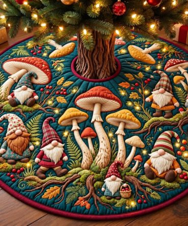 Gnome Mushroom Garden Tree Skirt — Charming Made-To-Order Holiday Skirt With Mushrooms & Gnomes, Cottagecore Christmas Decor