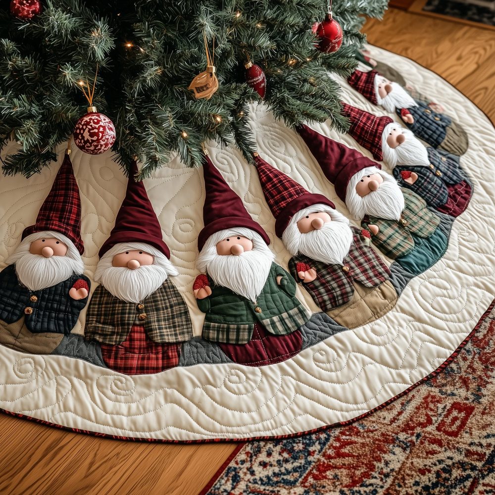 Gnome Parade Holiday Tree Skirt — Festive Handcrafted Gnome Procession Design, Durable Cotton Blend, Custom Monogram & Fast Custom-Made Turnaround