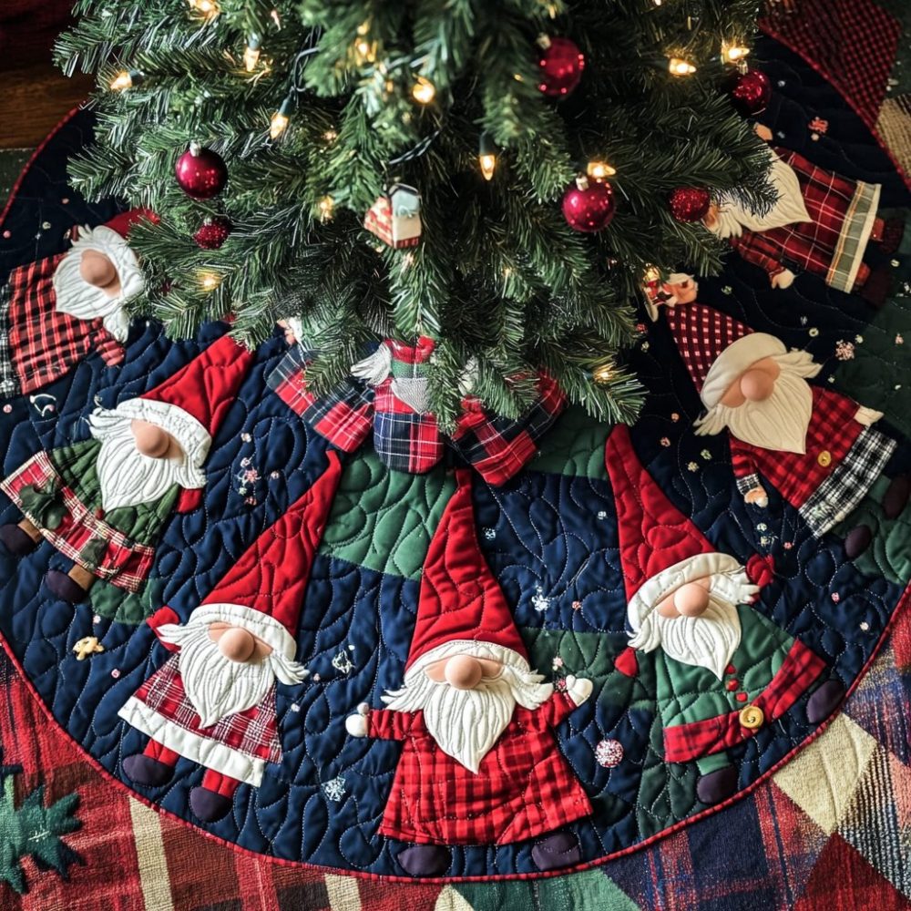 Snowy Dreams Gnome Christmas Tree Skirt — Hand-Stitched Winter Gnome Scene, Soft Felt Appliqué & Quilted Backing, Custom Sizes Available