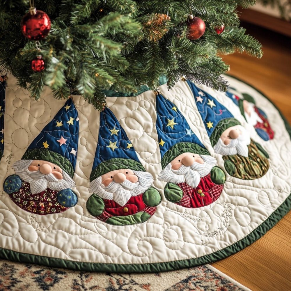Star Wedge Ring Tree Skirt With Playful Gnomes — Made-To-Order Unique Christmas Skirt For Cottage & Farmhouse Holiday Styling