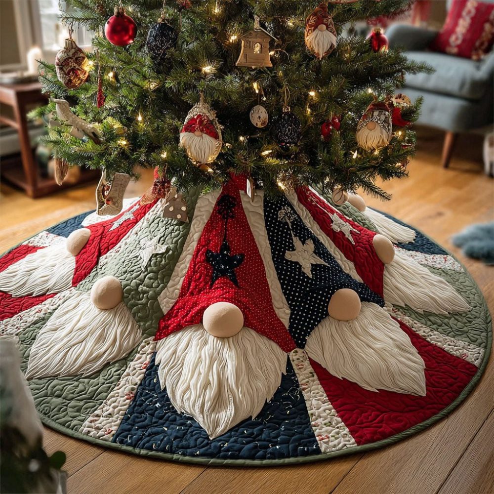 Gnome Star Path Holiday Tree Skirt — Handcrafted Festive Star Motif & Gnome Design, Custom Sizes, Monogram Option For Living Room Centerpiece