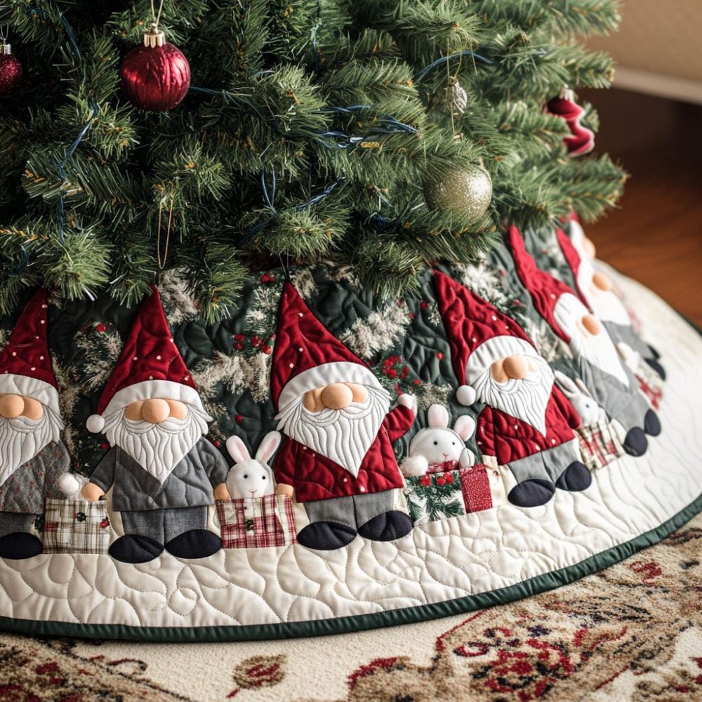 Premium Gnome Sweet Home Christmas Tree Skirt — Custom Cozy Gnome Cottage Design, Plush Embroidery, Personalized Monogram & Multiple Sizes