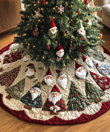 Handcrafted Gnome Magic Christmas Tree Skirt — Custom Holiday Tree Base, Plush Appliqué Gnome Scene, Personalized Festive Home Decor