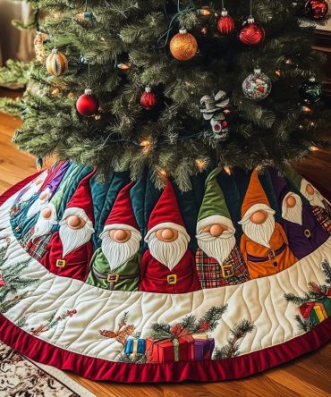 Gnome Village Holiday Tree Skirt — Made-To-Order Scenic Seasonal Base With Charming Gnome Village Artwork, Custom Sizes Available