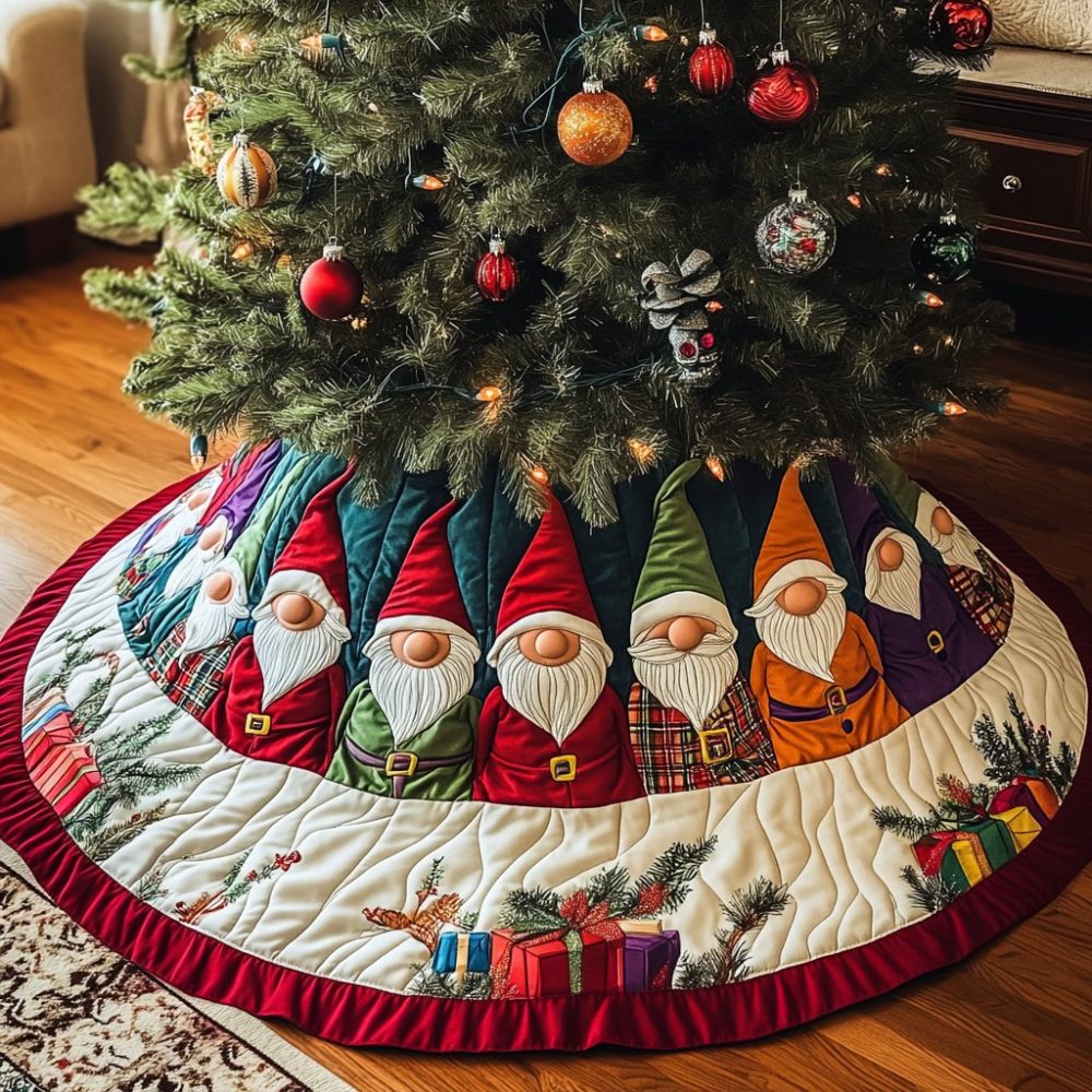 Gnome Village Holiday Tree Skirt — Made-To-Order Scenic Seasonal Base With Charming Gnome Village Artwork, Custom Sizes Available
