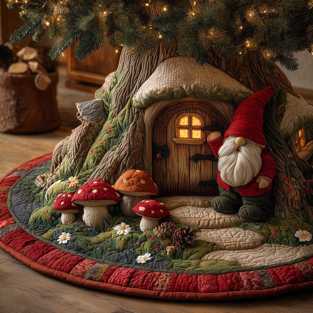 Gnome Welcome Home Tree Skirt — Made-To-Order Warm Holiday Base With Friendly Gnome Illustrations, Customizable For Any Tree Size