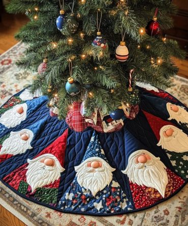 Navy Fan Christmas Tree Skirt Featuring Whimsical Gnomes — Made-To-Order Holiday Skirt For Scandinavian, Farmhouse & Cozy Styles