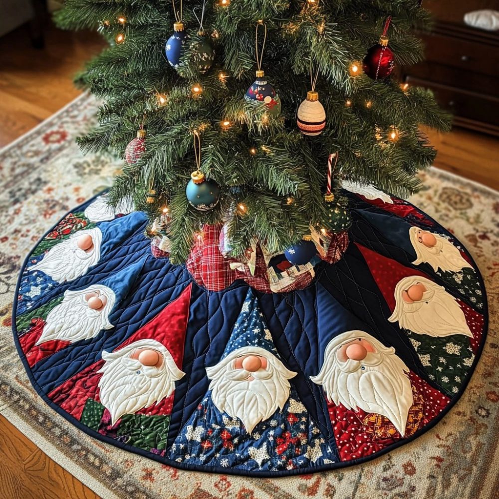 Navy Fan Christmas Tree Skirt Featuring Whimsical Gnomes — Made-To-Order Holiday Skirt For Scandinavian, Farmhouse & Cozy Styles