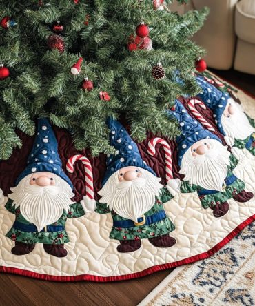 Cream Tree Skirt With Candy Cane Gnomes — Custom Made Holiday Skirt For Rustic, Cozy Christmas Décor, Made-To-Order