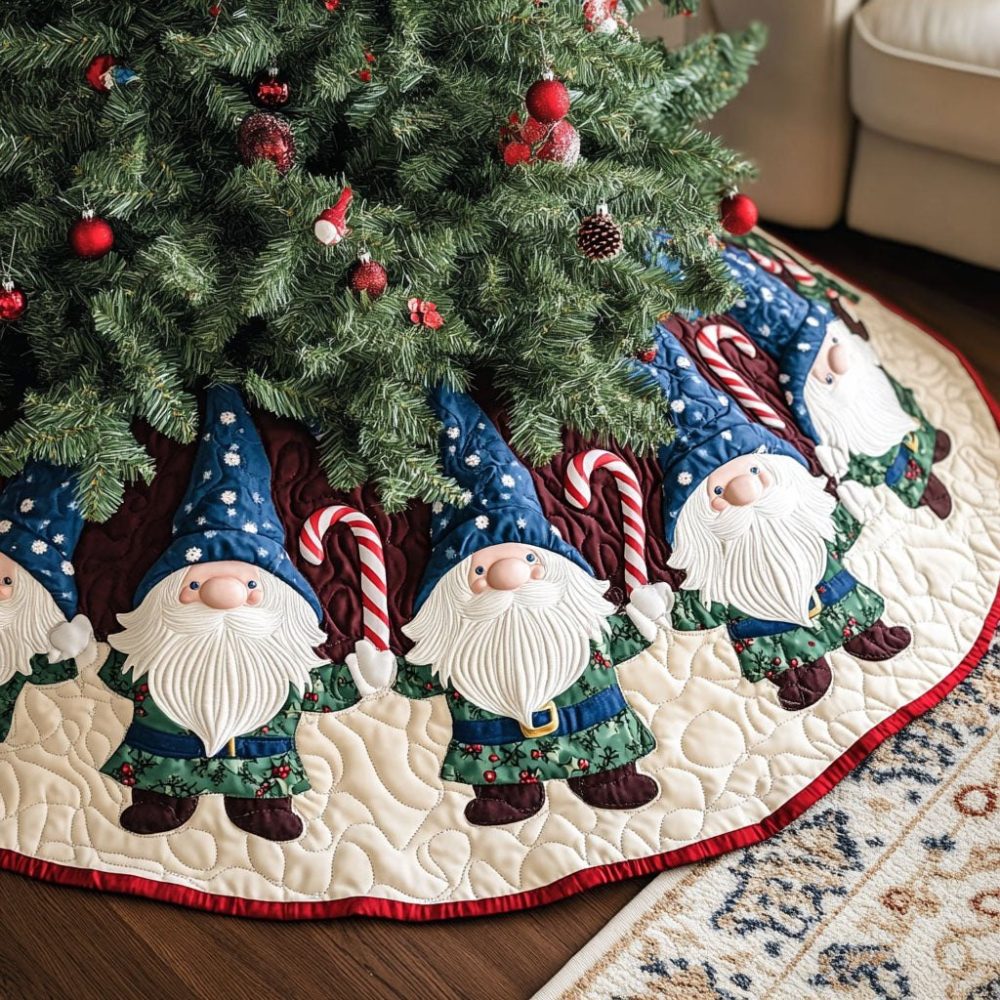 Cream Tree Skirt With Candy Cane Gnomes — Custom Made Holiday Skirt For Rustic, Cozy Christmas Décor, Made-To-Order