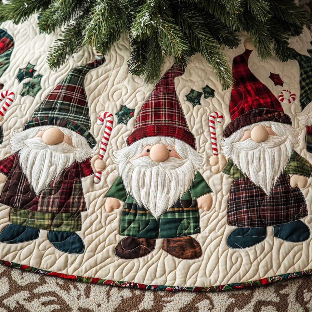 Ivory Christmas Tree Skirt With Gnomes In Plaid Hats — Custom Soft Neutral Holiday Skirt, Elegant Rustic Festive Base