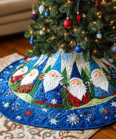 Blue Gnomes & Snowy Pines Christmas Tree Skirt — Made-To-Order Holiday Skirt, Rustic Winter Woodland Decor