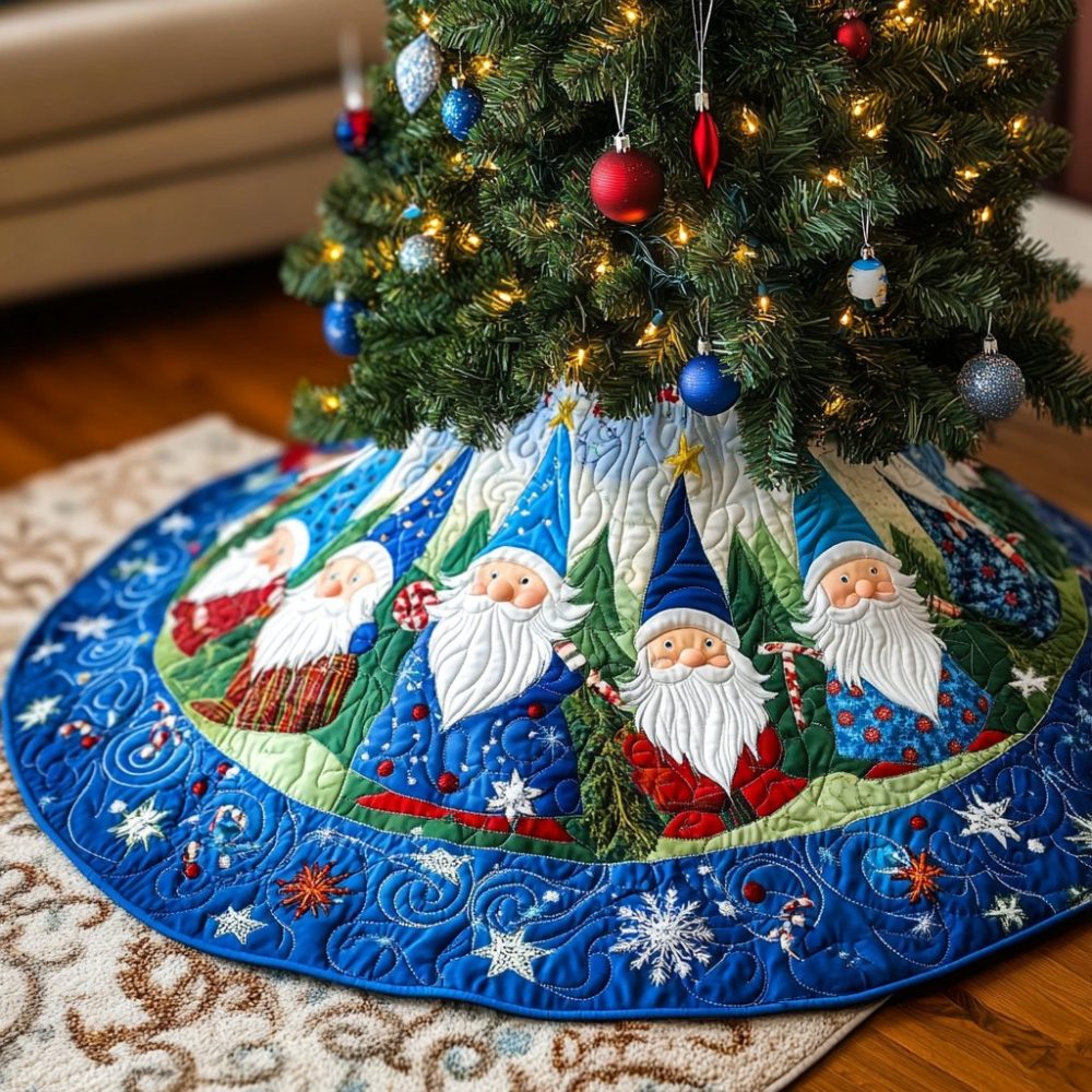 Blue Gnomes & Snowy Pines Christmas Tree Skirt — Made-To-Order Holiday Skirt, Rustic Winter Woodland Decor