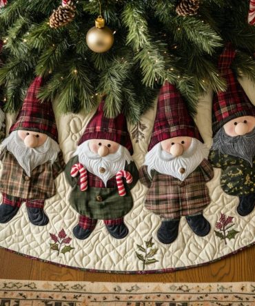 Tartan Gnome Cream Christmas Tree Skirt — Custom Made Holiday Skirt With Plaid Accents For Traditional & Cozy Home Styling
