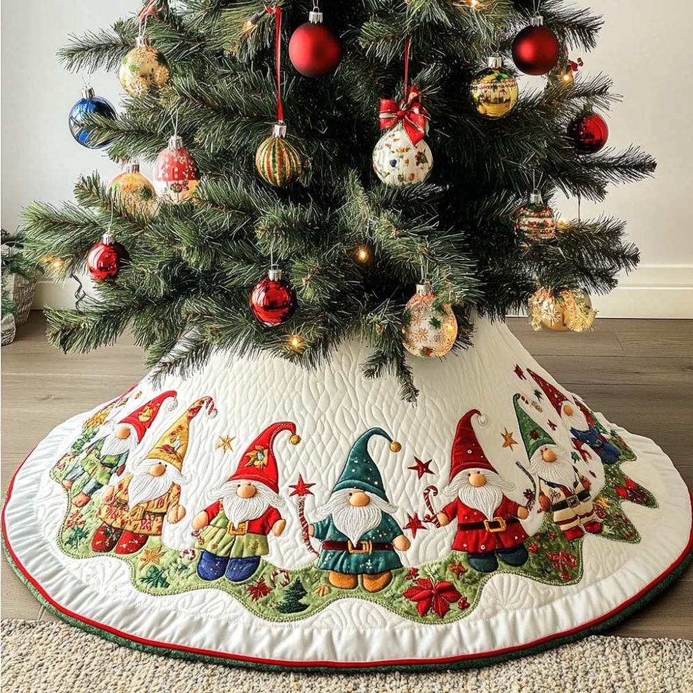 Pointed Cap Gnome Line Christmas Tree Skirt — Handcrafted Holiday Skirt With Playful Gnome Pattern, Custom Sizes Available