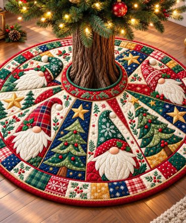 Gnomes Country Charm Christmas Tree Skirt — Rustic Handmade Gnome Design, Custom Sizes For Classic Farmhouse Holiday Decor