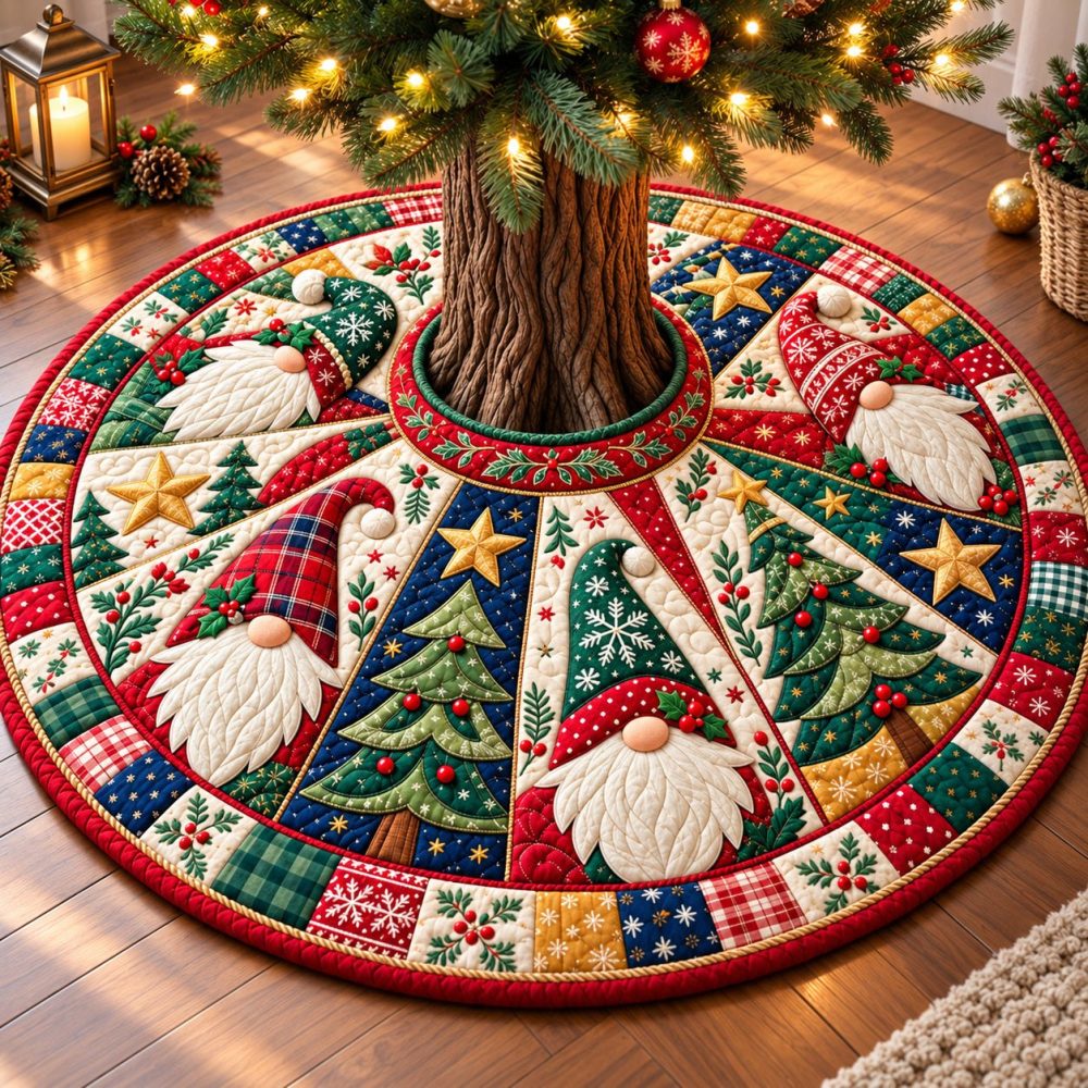 Gnomes Country Charm Christmas Tree Skirt — Rustic Handmade Gnome Design, Custom Sizes For Classic Farmhouse Holiday Decor