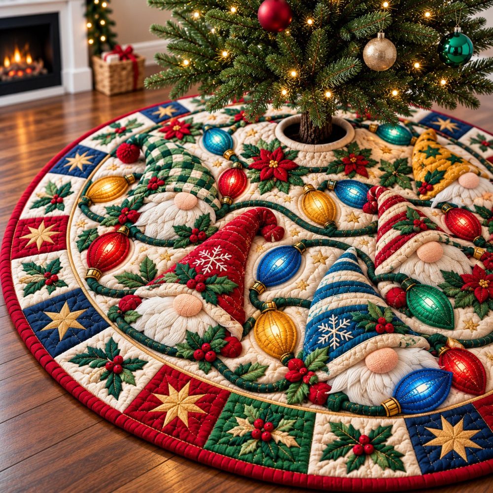 Gnomes Forest Friends Christmas Tree Skirt — Handcrafted Woodland Friends Scene, Custom Sizes For Playful Holiday Vibes