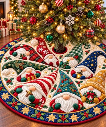 Gnomes Garden Party Christmas Tree Skirt — Colorful Handcrafted Skirt With Floral Gnome Design, Custom Sizes For Cheerful Holidays