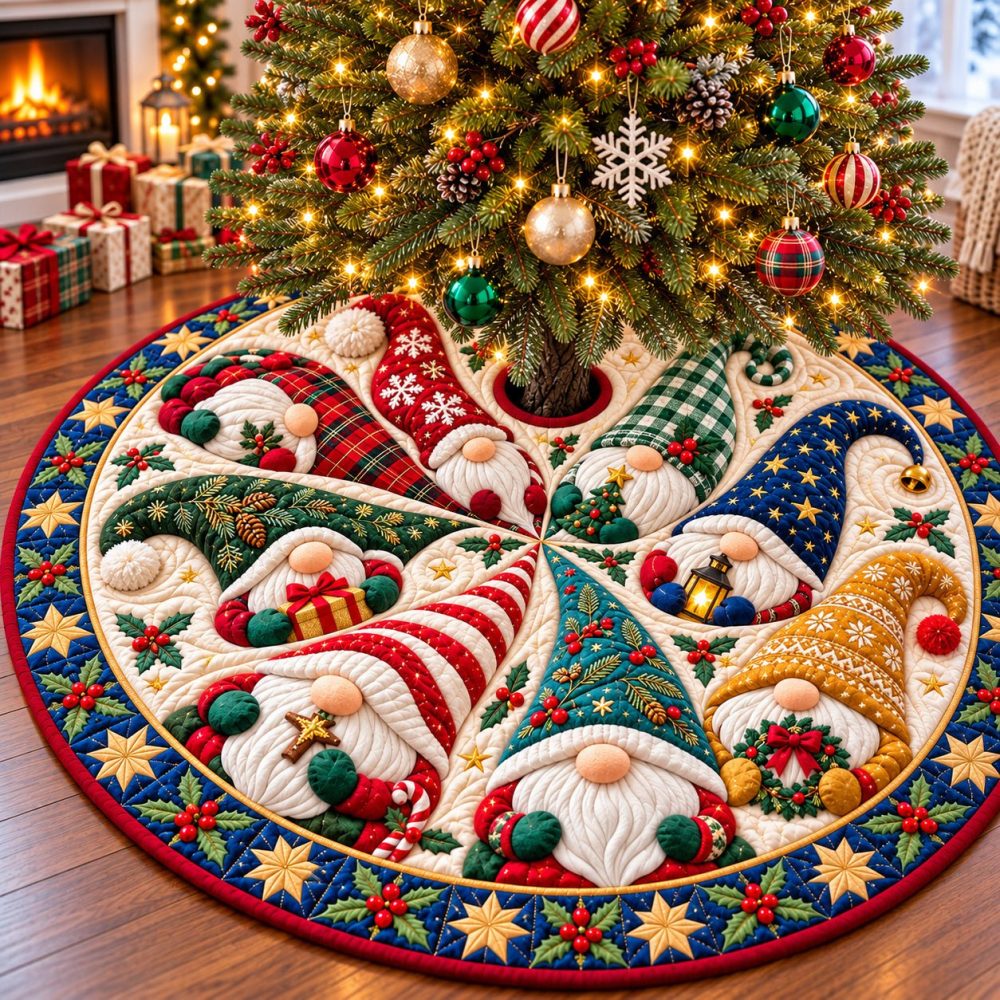 Gnomes Garden Party Christmas Tree Skirt — Colorful Handcrafted Skirt With Floral Gnome Design, Custom Sizes For Cheerful Holidays