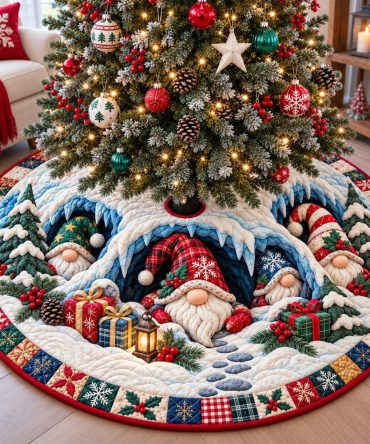 Festive Gnomes Happy Gathering Christmas Tree Skirt — Charming Handcrafted Holiday Skirt With Playful Gnome Scene, Custom Sizes