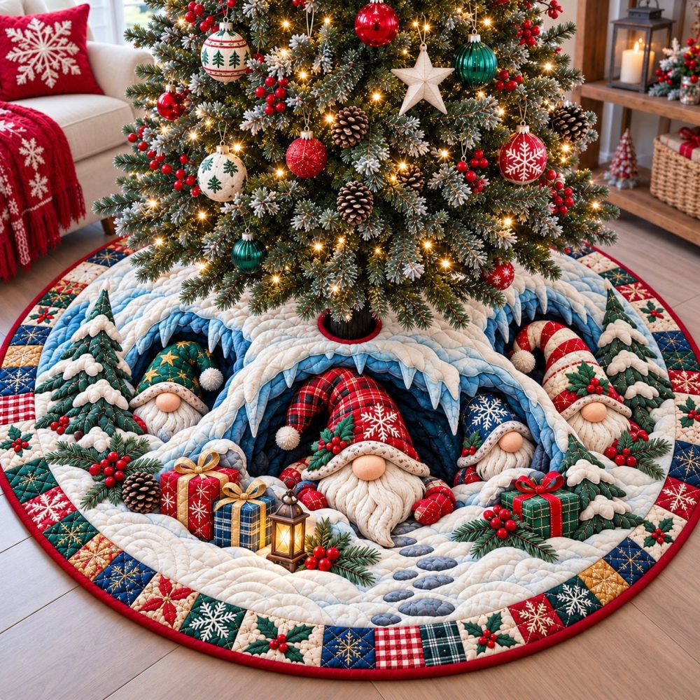 Festive Gnomes Happy Gathering Christmas Tree Skirt — Charming Handcrafted Holiday Skirt With Playful Gnome Scene, Custom Sizes