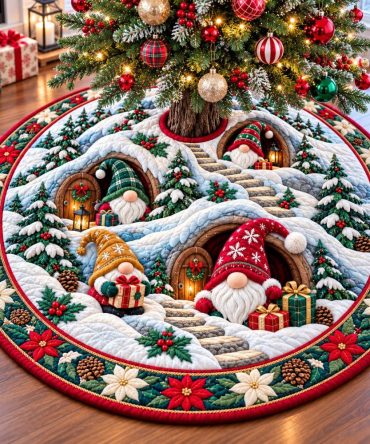Gnomes Woodland Adventure Christmas Tree Skirt — Handcrafted Rustic Gnome Scene, Custom Sizes For Cozy Forest-Themed Holiday Decor