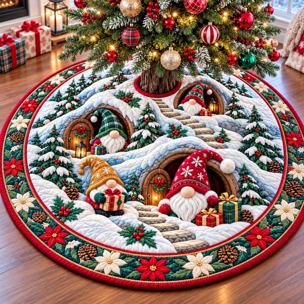 Gnomes Woodland Adventure Christmas Tree Skirt — Handcrafted Rustic Gnome Scene, Custom Sizes For Cozy Forest-Themed Holiday Decor