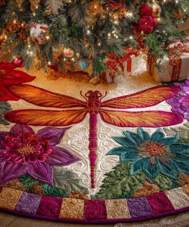 Golden Blossom Harmony Christmas Tree Skirt — Floral Gold Holiday Skirt, Handmade Luxury Finish, Customizable, Made-To-Order