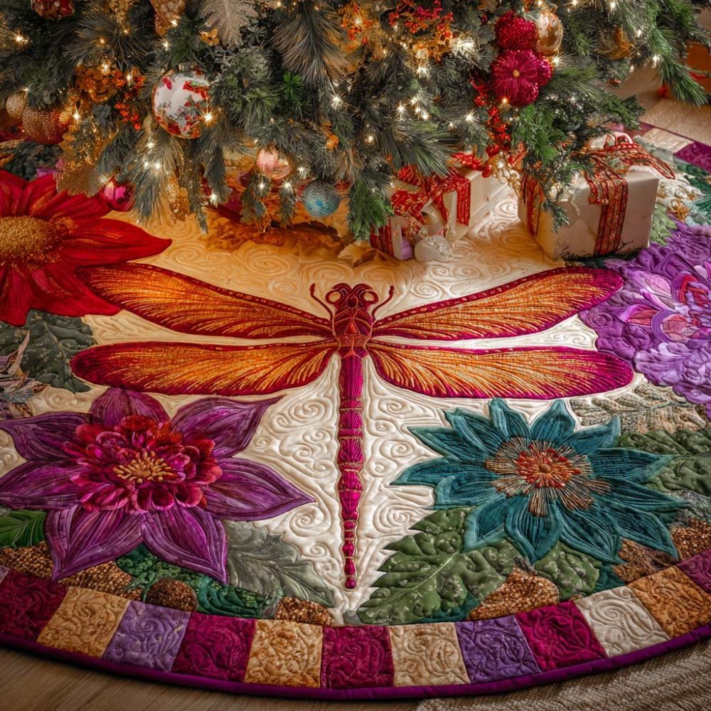 Golden Blossom Harmony Christmas Tree Skirt — Floral Gold Holiday Skirt, Handmade Luxury Finish, Customizable, Made-To-Order