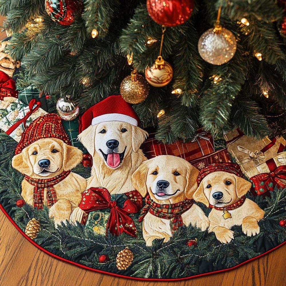 Golden Buddy Dog Lover Tree Skirt — Made-To-Order Pet-Friendly Holiday Base With Adorable Canine Motifs, Custom Sizes