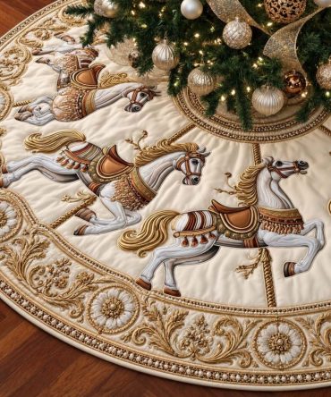 Golden Carousel Christmas Tree Skirt - Luxurious Gold Velvet Holiday Skirt With Carousel Embroidery & Metallic Highlights, Available In Sizes