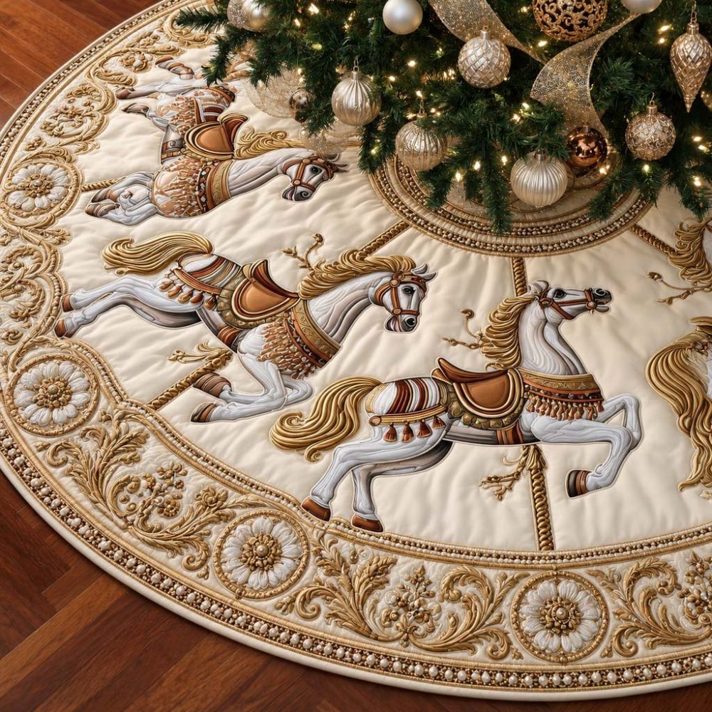Golden Carousel Christmas Tree Skirt - Luxurious Gold Velvet Holiday Skirt With Carousel Embroidery & Metallic Highlights, Available In Sizes