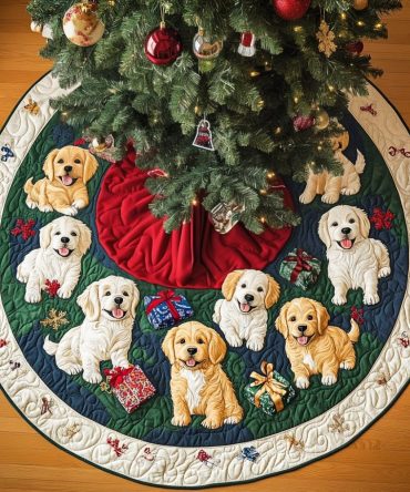 Golden Gift Holiday Tree Skirt — Festive Present-Themed Christmas Skirt With Gold Trim, Handmade, Custom Size Options, Made-To-Order