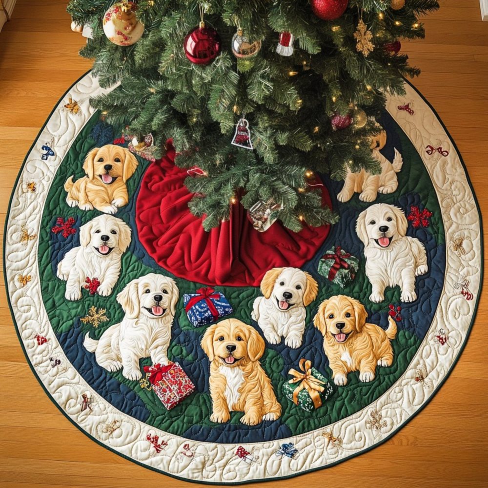 Golden Gift Holiday Tree Skirt — Festive Present-Themed Christmas Skirt With Gold Trim, Handmade, Custom Size Options, Made-To-Order