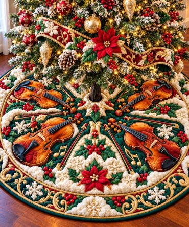 Golden Harp Christmas Tree Skirt - Elegant Musical Holiday Decor, Gold Embroidery & Custom Sizing For Luxurious Trees