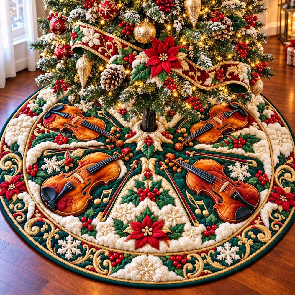 Golden Harp Christmas Tree Skirt - Elegant Musical Holiday Decor, Gold Embroidery & Custom Sizing For Luxurious Trees