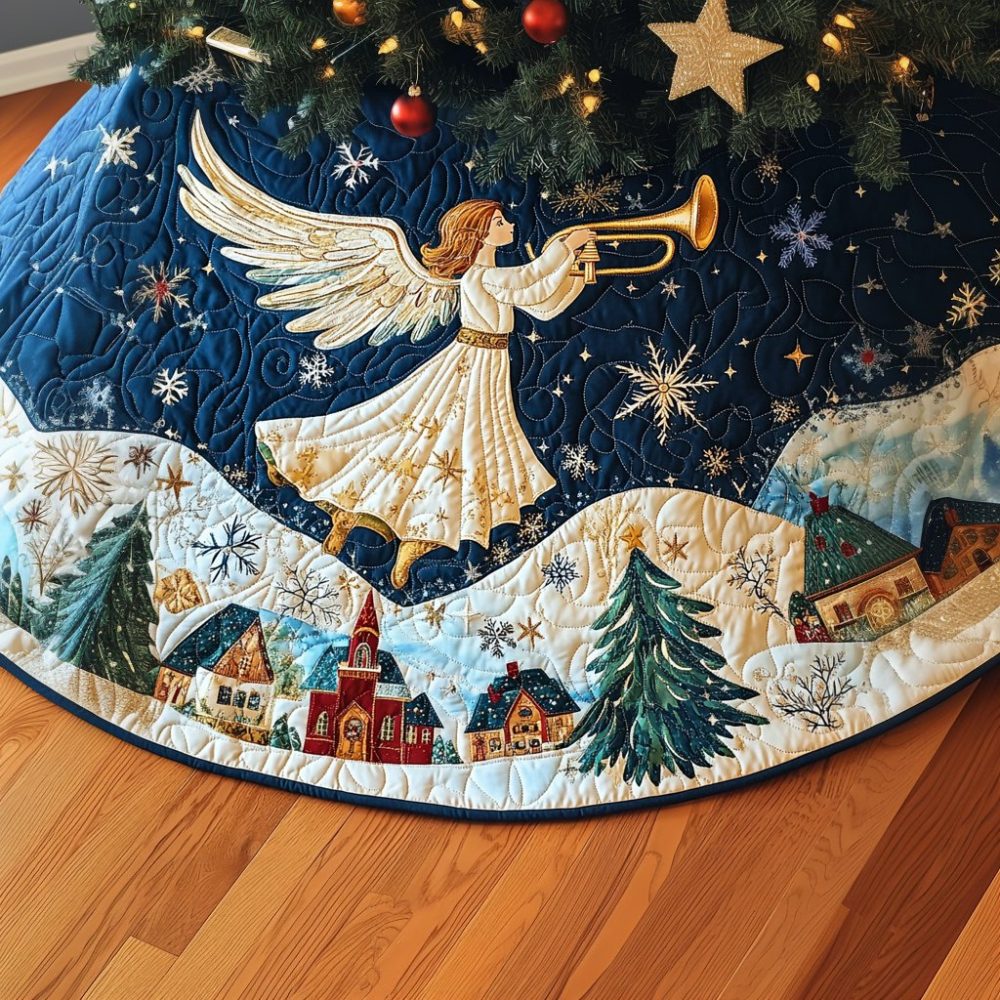 Golden Notes Musical Christmas Tree Skirt — Made-To-Order Holiday Decor With Music-Inspired Gold Motifs, Custom Sizes Available