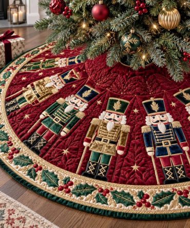 Golden Regiment Holiday Tree Skirt — Made-To-Order Luxurious Gold Trimmed Christmas Base Cover With Embroidery Option