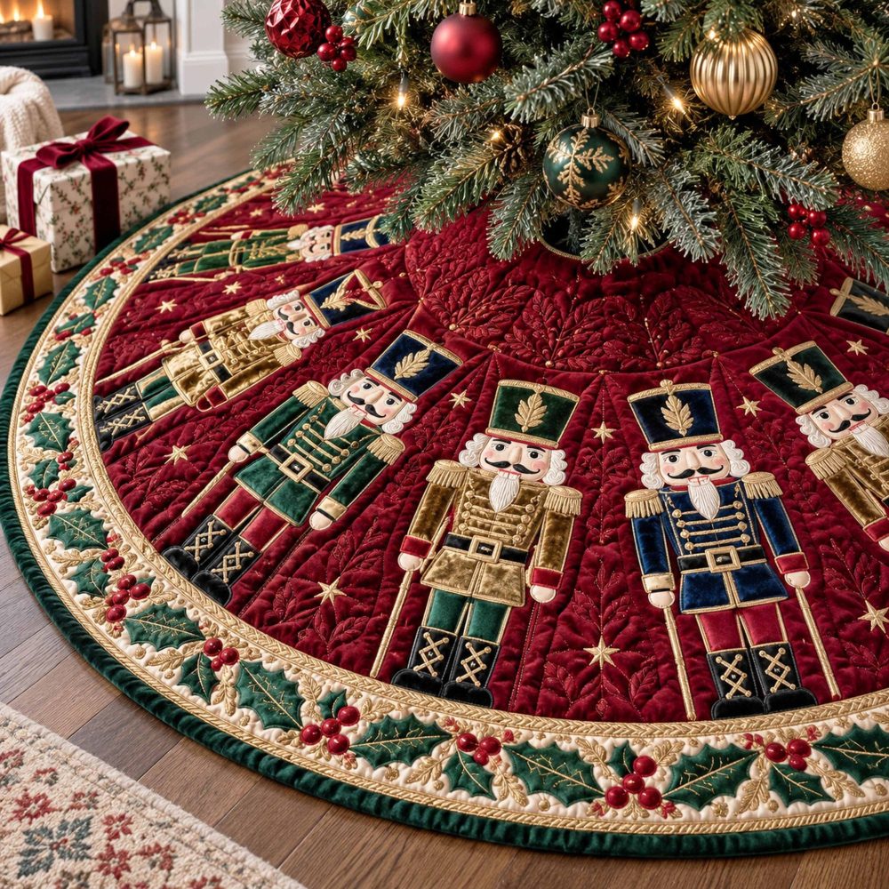 Golden Regiment Holiday Tree Skirt — Made-To-Order Luxurious Gold Trimmed Christmas Base Cover With Embroidery Option