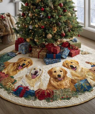 Christmas Tree Skirt With Golden Retrievers Among Presents — Personalized, Made-To-Order Holiday Décor For Dog Owners