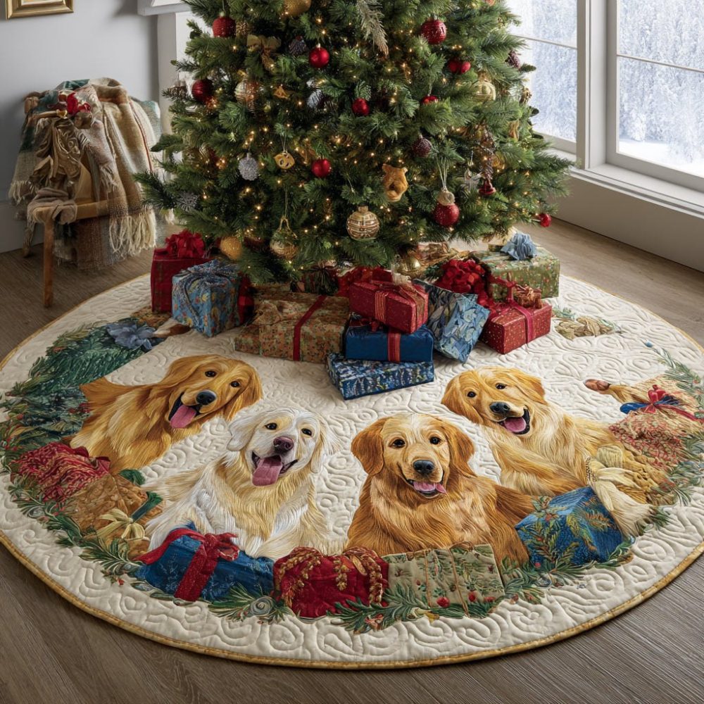 Christmas Tree Skirt With Golden Retrievers Among Presents — Personalized, Made-To-Order Holiday Décor For Dog Owners