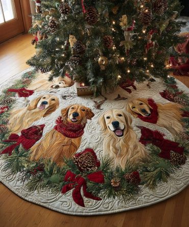 Holiday Wreath Tree Skirt With Red Bow And Golden Retrievers — Custom Made Christmas Skirt To Celebrate Pets & Family, Made-To-Order