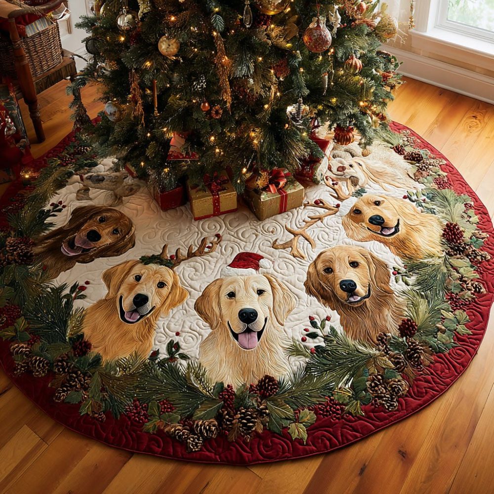 Santa Hat Golden Retriever Wreath Tree Skirt — Custom Made Christmas Skirt With Cute Dog Design For Holiday Cheer, Made-To-Order
