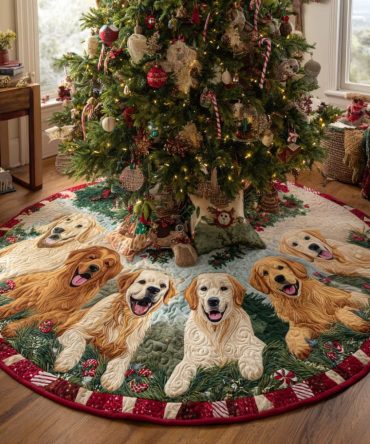 Red Patch Border Christmas Tree Skirt Featuring Golden Retrievers — Made-To-Order Holiday Skirt To Compliment Cozy Home Decor