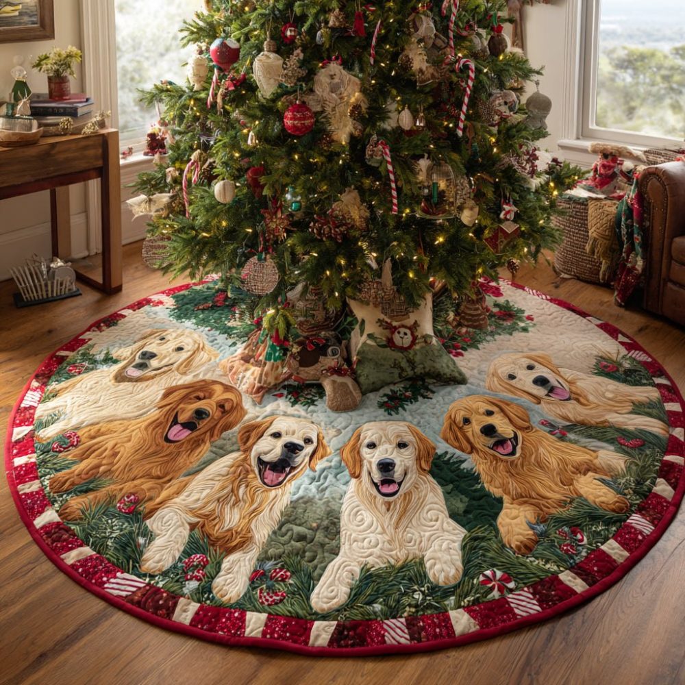Red Patch Border Christmas Tree Skirt Featuring Golden Retrievers — Made-To-Order Holiday Skirt To Compliment Cozy Home Decor